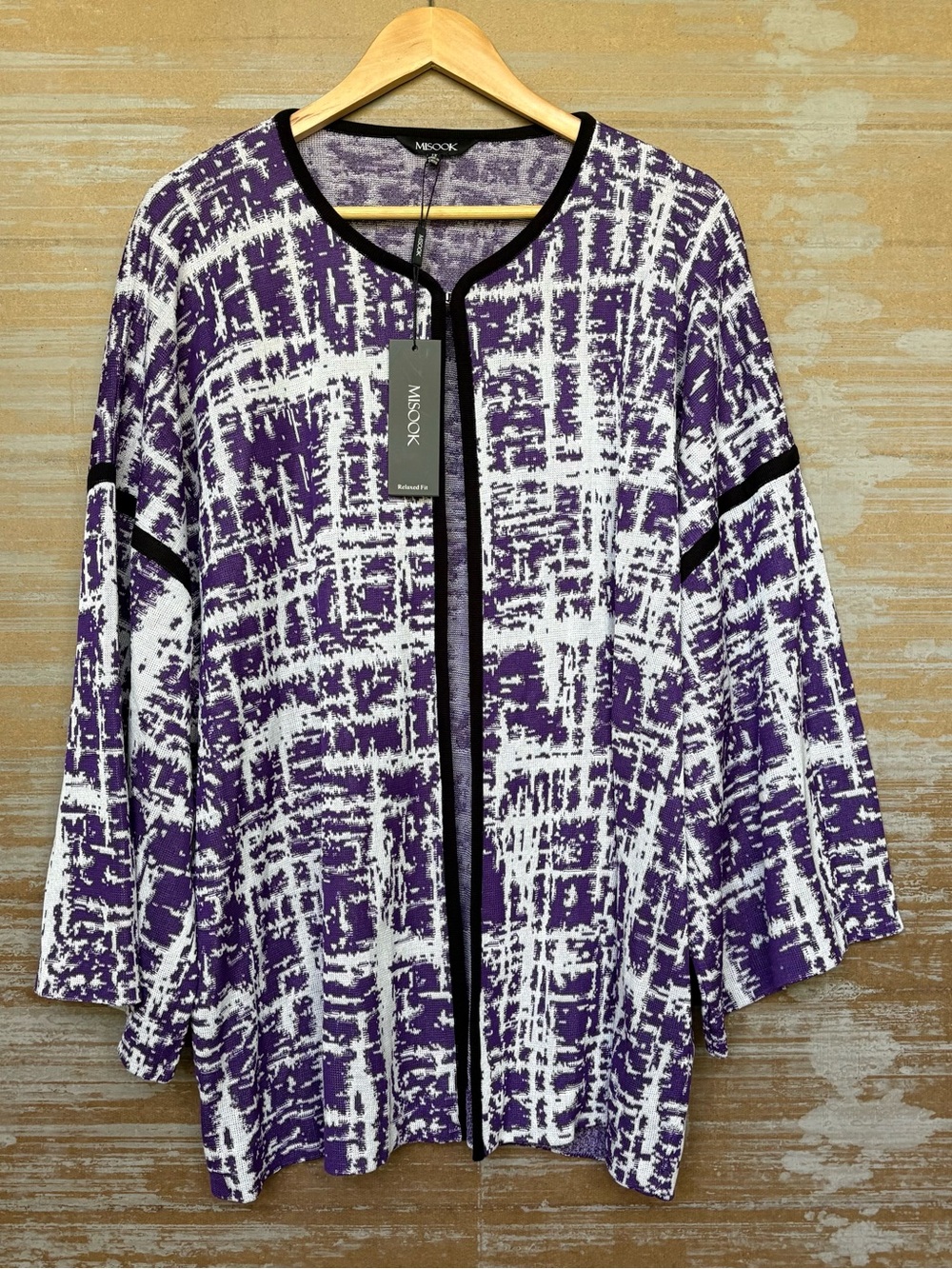Misook NWT Purple Abstract Knit Cardigan Laggen Look Casual Womens 1X